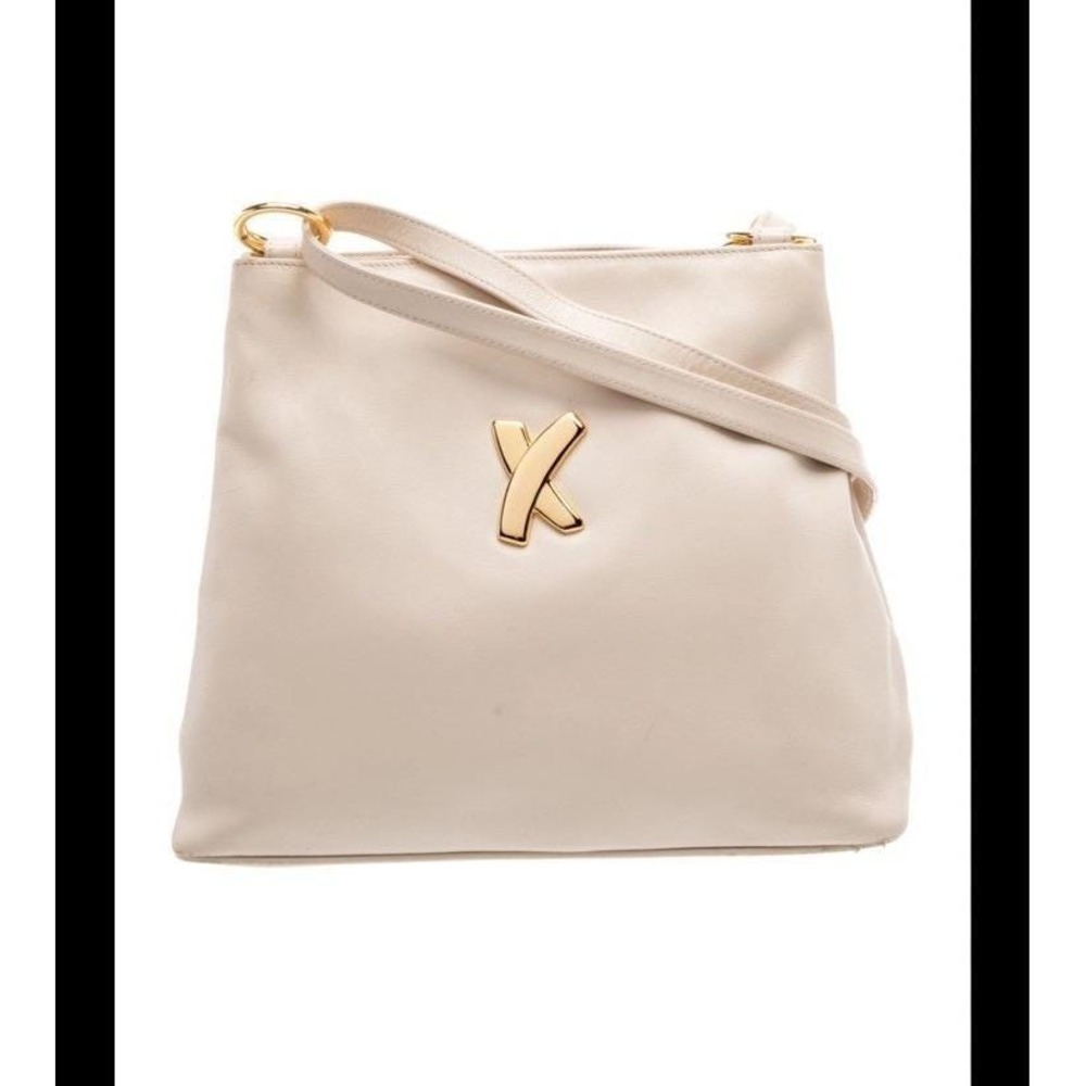 Vtg 90s Paloma Picasso X Logo Cream Leather Shoulder Handbag~Italy~Gold X Logo